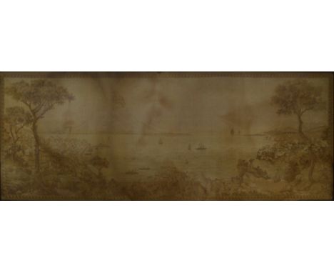 A large early 20th century tapestry depicting Vesuvius erupting beyond an expansive coastal landscape, 47 x 132cm, in simulat