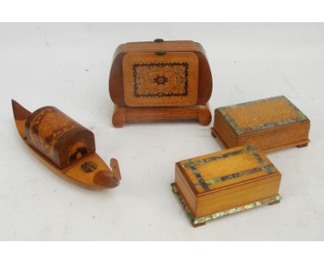 Two Paua inlaid trinket boxes, a cigarette box in the form of a gondola and a further cigarette box.
