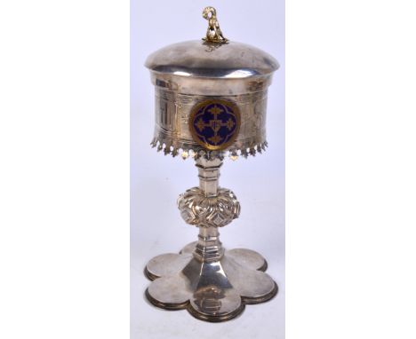 A Victorian white metal ciborium and cover with a cylindrical band around the bowl with gilt wash interior, with pierced foli