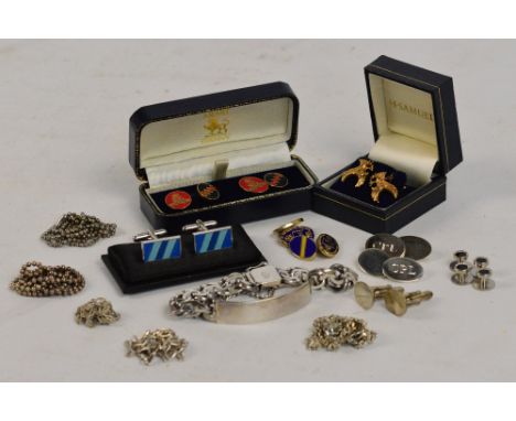 A cased pair of silver cufflinks, each with a panel inscribed "CPL", a boxed pair of Royal Artillery cufflinks, two further p