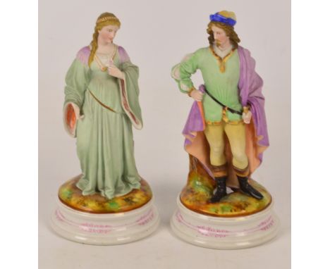 A pair of decorative Continental Parian figural lamp bases in the form of a man and woman in romantic medieval dress, height 