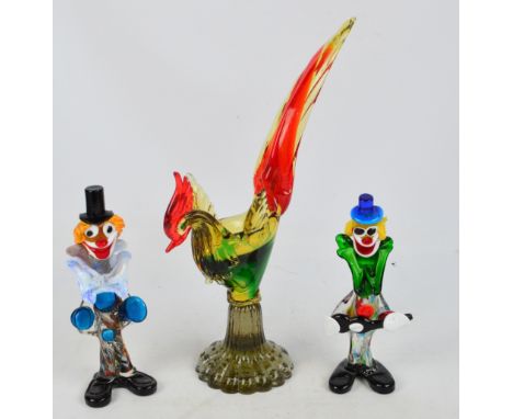 A Murano model of a cockerel, height 48cm, and two Murano clowns (3).