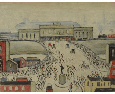 After LAURENCE STEPHEN LOWRY R.A. (1887-1976); a signed limited edition coloured print "Station Approach", signed in pencil l
