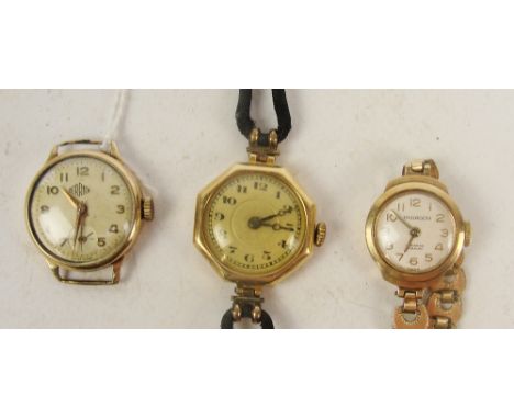 PARAGON; a lady's vintage 9ct gold cased wristwatch set with Arabic numerals and two further 9ct lady's wristwatches with Ara
