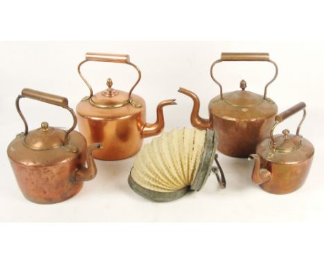 Four copper kettles and a Chinese metal mounted lantern (5).