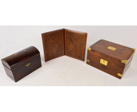 A brass mounted walnut writing slope with square cartouche and escutcheon, and pen tray, width 29.5cm, a rosewood tea caddy w