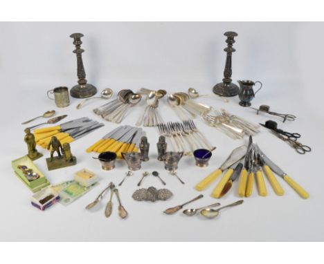 A quantity of silver plate including flatware, pair of candlesticks, loose flatware, six piece silver plated Mappin & Webb cr