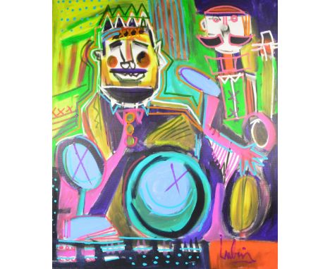 NOAH LUBIN (born 1979); oil on canvas, abstract study of two musicians, signed, 119 x 99.5cm, block mounted but unframed. (D)