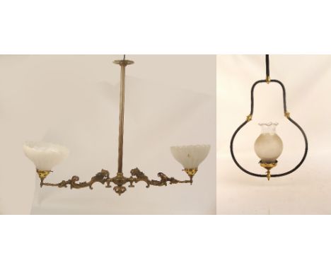 A late 19th century brass ceiling light with central rod supporting two scrolling arms set with opaque fluted shades, also a 