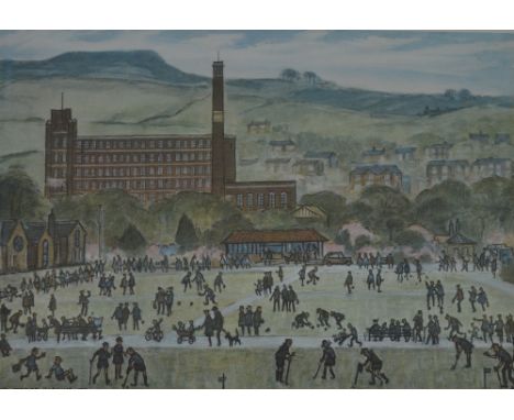 After LLOYD GEORGE HIGGINS (1912-1980); a signed limited edition coloured print, Northern scene with figures in foreground pl