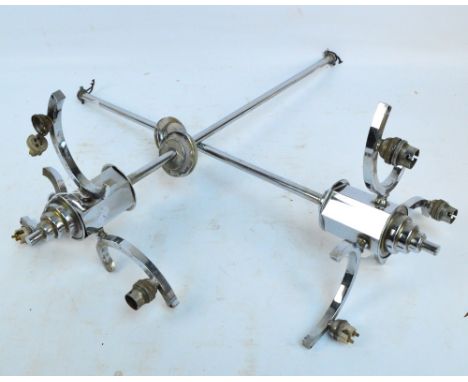 A pair of chrome Art Deco three branch ceiling lights, lacking shades, length of drop 81cm. CONDITION REPORT: No chrome missi