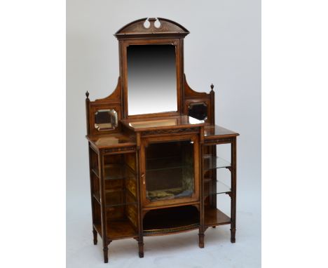 A late 19th century burr walnut and inlaid mirror back display cabinet, the shaped bevelled plate flanked by two smaller plat