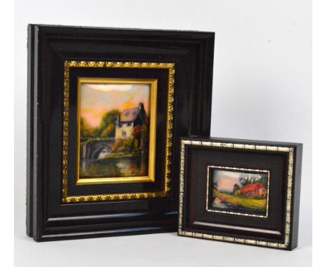 Two Limoges rectangular enamel plaques, both inscribed and depicting cottages beside a river, 10 x 8cm and 4.5 x 6cm.