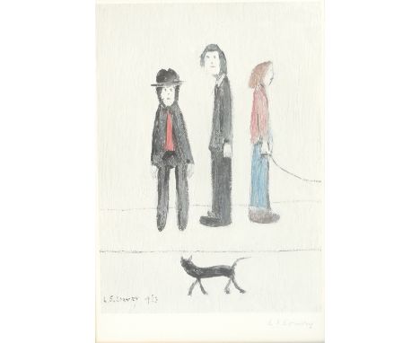 After LAURENCE STEPHEN LOWRY R.A. (1887-1976); a signed limited edition coloured print "Three Men and a Dog", signed in pen l