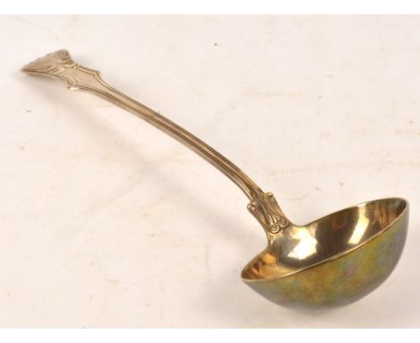 An early Victorian hallmarked silver ladle with oval bowl and engraved initials to the handle, London 1841, length 34.5cm, ap