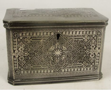 An early 20th century plated two division tea caddy with hinged lids and all over scrolling decoration, width 15cm.
