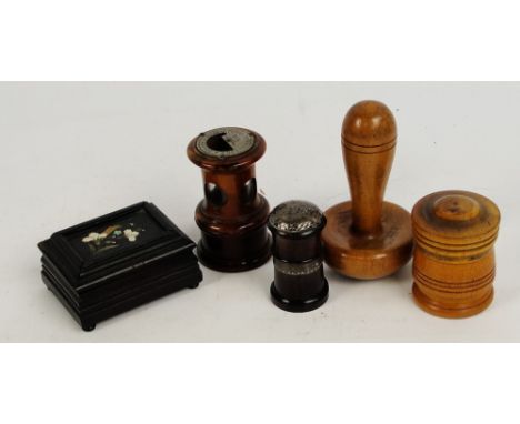A 19th century turned rosewood and white metal mounted pounce pot, a French walnut grinder with glass roundels to the central
