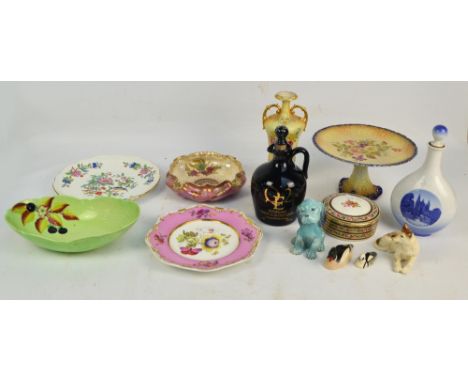 A group of decorative ceramics including a Crown Devon Fieldings lustre shaped bowl, a Carltonware tazza, cabinet plate, Roya