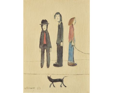 After LAURENCE STEPHEN LOWRY R.A. (1887-1976); a signed limited edition coloured print "Three Men and A Dog", signed in pen l