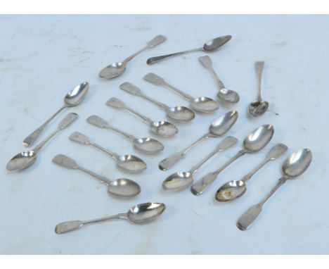 A set of nine William IV hallmarked silver fiddle pattern teaspoons, each engraved with "F" to the finial, Charles Boyton I, 