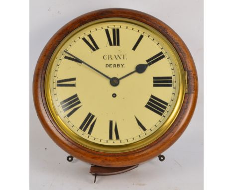 An oak framed dial clock, the cream dial set with Roman numerals and inscribed "Grant. Derby.", with single fusee movement, d