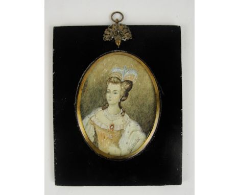 A decorative gouache on ivory portrait miniature, signed "Jean Baptiste" lower left, in ebonised frame, image 9.5 x 7.5cm.