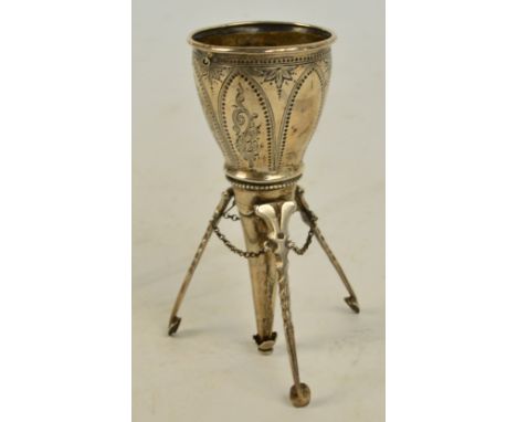 A Victorian hallmarked silver posy holder of tapering form convertible to a tripod vase, engraved with floral and ornamental 