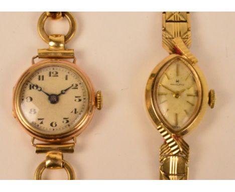 HAMILTON; a lady's vintage 9ct gold wristwatch with textured bracelet, boxed with papers and a further lady's vintage 9ct gol