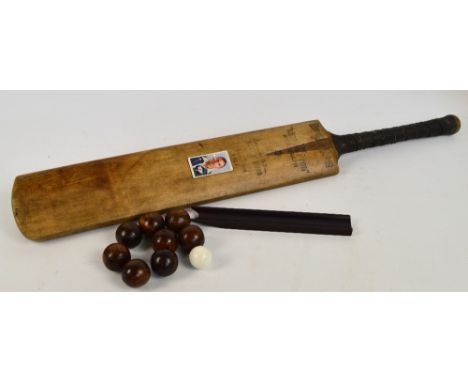 The "Len Hutton" autograph cricket bat dated 1938, with an attached cigarette card, also a cased set of "Table Bowls" game (2