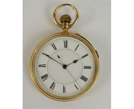 An 18ct yellow open face crown wind pocket watch, the circular enamel dial set with Roman numerals, the movement inscribed "2