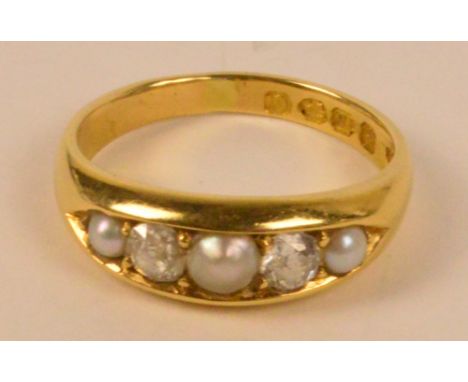 A late Victorian 18ct yellow gold diamond and cultured pearl five stone ring, size L/M, hallmarked for Chester 1890, approx 4