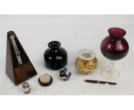 A group of collectors' items including a cased Newton & Co pocket barometer, a miniature silver flower dredger, a Mont Blanc 