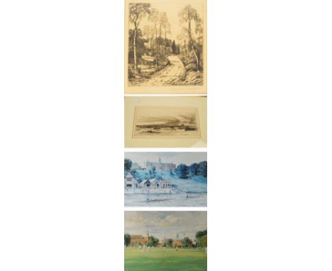 A limited edition print "Cricket at Shrewsbury" with label verso, signed and no.113/1000, a further print "Bumpers at Shrewsb