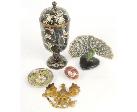 Four pieces of modern cloisonné comprising a large lidded footed vase, a peacock on stand, a small plate, and an egg, plus a 