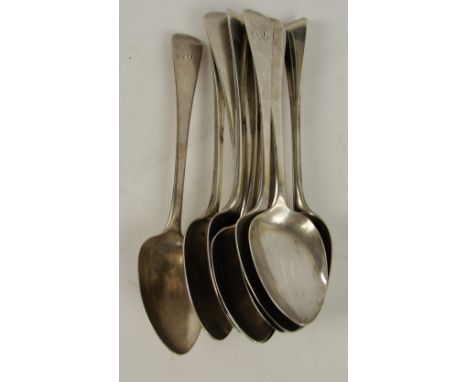 A set of six George III hallmarked silver English pattern dessert spoons, each engraved "AJ" to the finial, Thomas Wallis II 