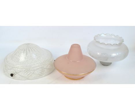 Three glass lamp shades, one with suspension fittings, diameter 35cm (3).