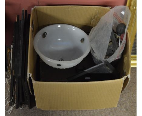 A portable gramophone with an album of records, also a plafonnier, set of kitchen scales, a collection of locks and keys, six