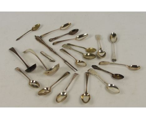 A mixed lot of silver including a 19th century Dutch sifting ladle, a set of six English Georgian teaspoons, a further siftin