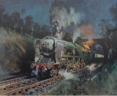 After TERENCE CUNEO (1907-1996); a signed limited edition coloured print "Merchant Navy Class 35027, Port Line", 844/850, 46 