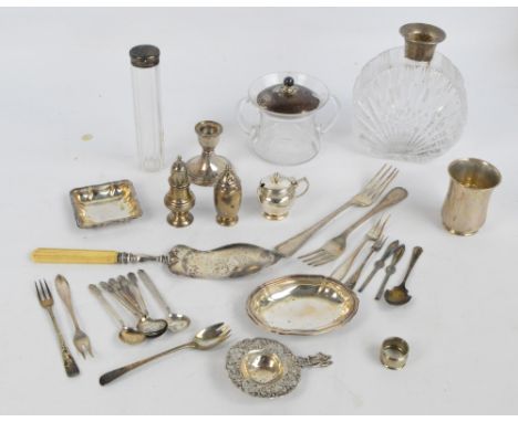 A collection of hallmarked silver items including a matching mustard and pepper with Celtic band, Adie Brothers, Birmingham 1