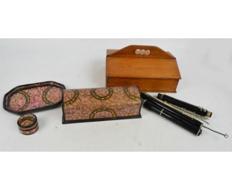 A cutlery box, a small quantity of cutlery, a clarinet and a lacquered dome topped box, tray and small container.