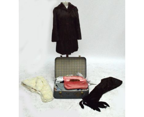 A vintage lady's three quarter length fur coat and matching hat, a fur evening shawl, and another, also a quantity of various