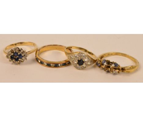 A 9ct gold sapphire and diamond ring and three further decorative rings (4).