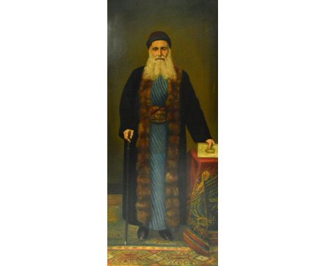 UNATTRIBUTED; oil on canvas, an early 20th century full length portrait "Nissim Levy Bairacli, Born Smyrna 1849", unsigned, 2