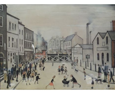 After LAURENCE STEPHEN LOWRY R.A. (1887-1976); a signed limited edition coloured print "The Level Crossing, Burton on Trent",