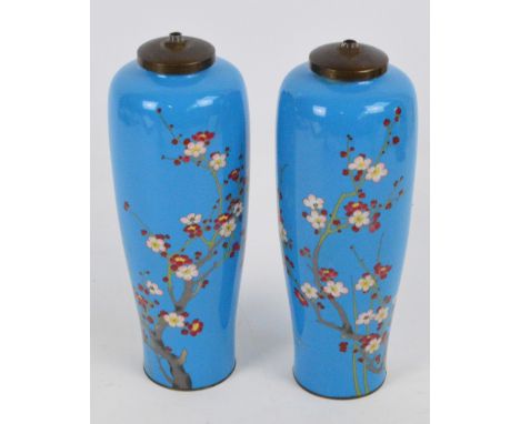 A pair of Japanese Meiji period cloisonné enamel vases depicting branches of blossoming prunus on a blue ground, height 28cm,