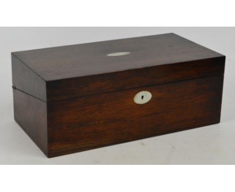A 19th century rosewood writing slope, the hinged lid centred with mother of pearl oval, restored interior and side drawer, w