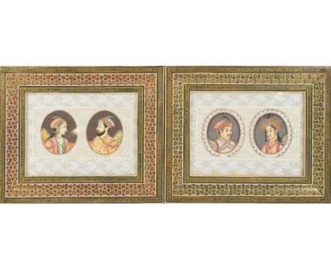 INDIAN MUGHAL SCHOOL; a pair of early 20th century Indian miniature portrait paintings on ivory, each rectangular plaque depi