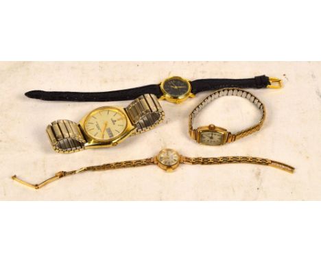 ROTARY; a lady's 9ct gold wristwatch, the circular dial set with gold batons, a further vintage lady's wristwatch with tonnea