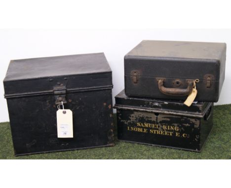 Two vintage metal deed-boxes and a gramophone-case